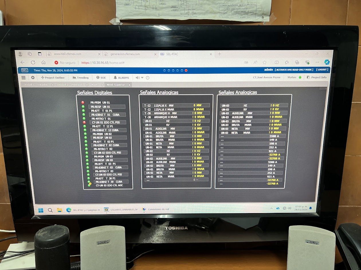 Pantalla de monitoreo de senales digitales y alarmas de subestacion en tiempo real